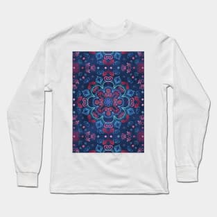 Cherry Red & Navy Blue Watercolor Floral Pattern Long Sleeve T-Shirt